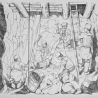 [Translate to englisch:] Bergarbeiter beim Abteufen eines Schachtes, 
⚒ Himmelfahrt Fundgrube (Freiberg) 
[Z.: Eduard Heuchler, 1857, TU Bergakademie Freiberg, Universitätsbibliothek]